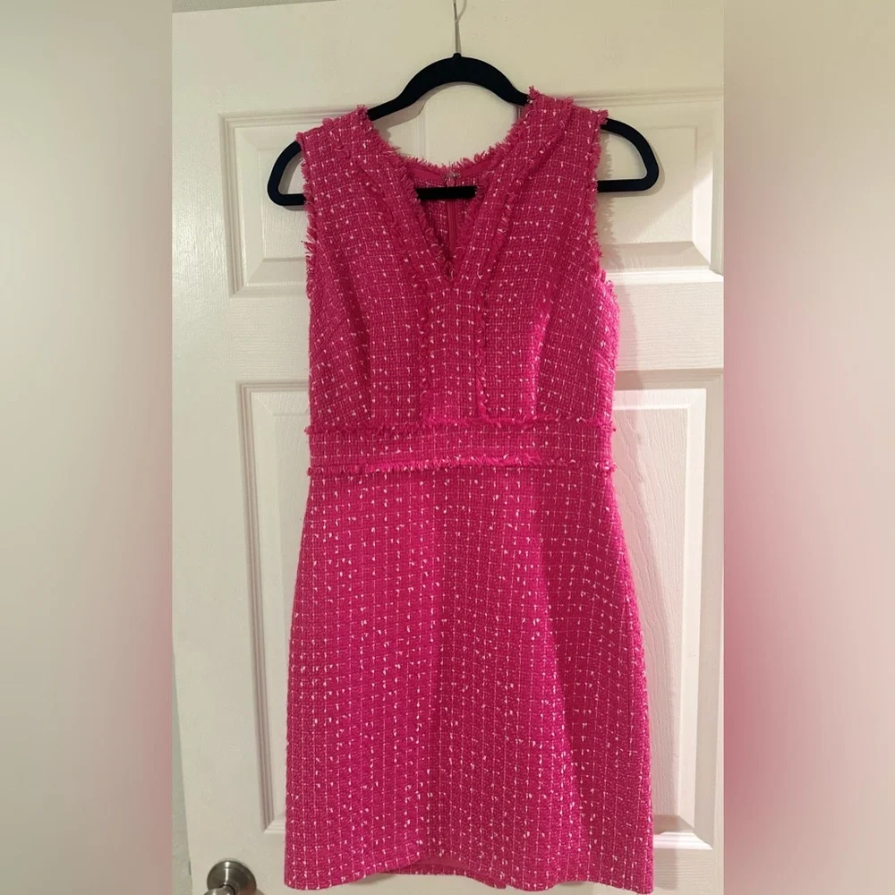 Women’s J. Crew Sleeveless Sheath Dress Tweed Fringe Pink Barbie Valentine Sz 2.